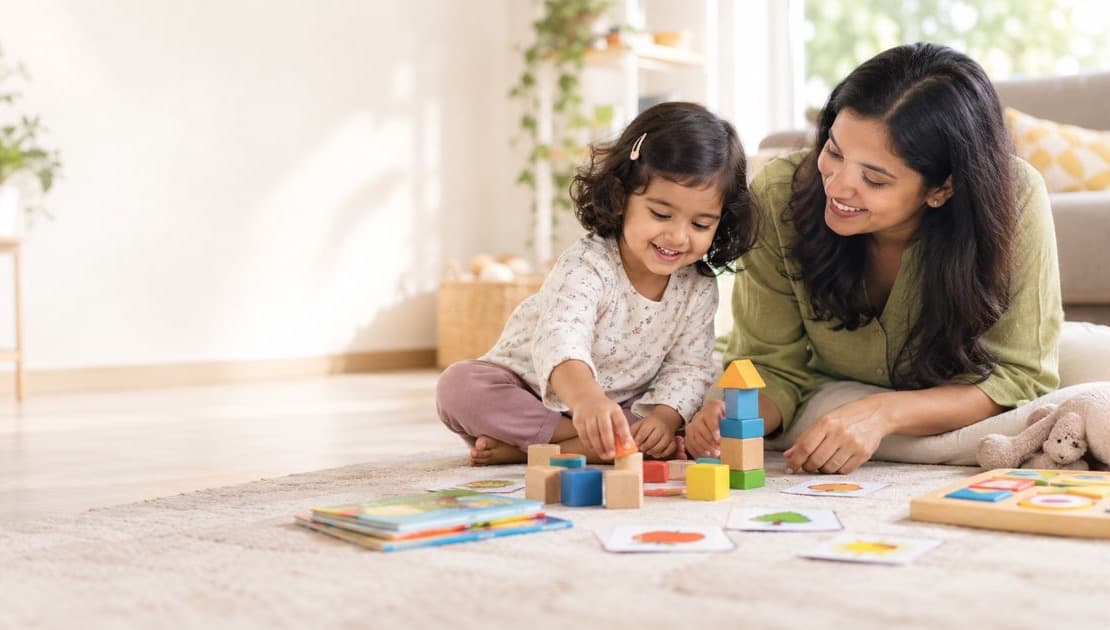 A mother and her young daughter playing with wooden blocks and picture cards on a rug at home
